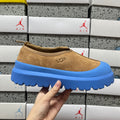 UGG Tasman X Platform Slip-On – Suede Clog with Shearling Lining, Paracord Toggle & Bold Blue Chunky Platform Sole in Chestnut