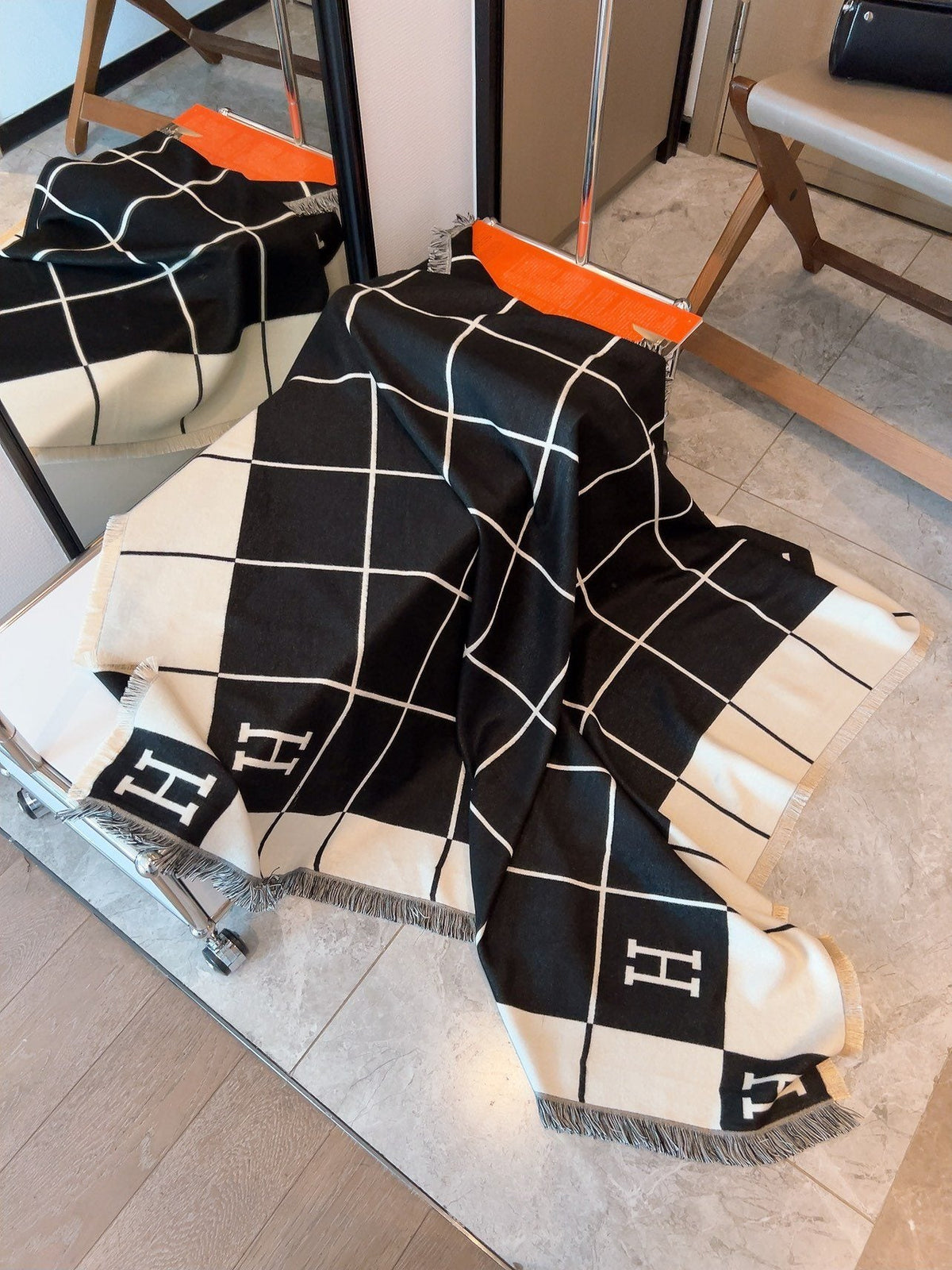 Hermès Black & Ivory Grid Square Scarf
