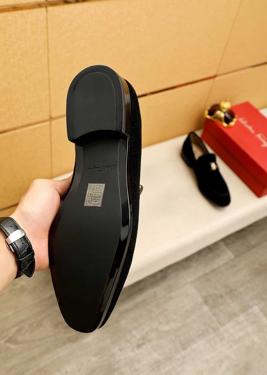 Ferragamo Men's Black Buckle Slip-On Loafers